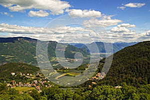 Mountain view on villages Prissian and Bozen with mountain range of Latemar and Rosengarten