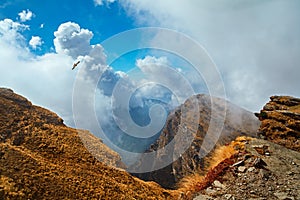 Mountain view with white curling clouds and a flying eagle