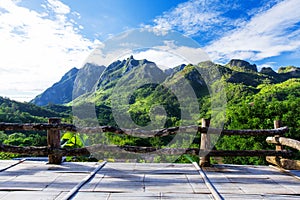 Mountain view from wooden balcony