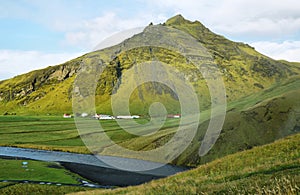 Mountain views from Skogarfoss waterfall, Iceland.