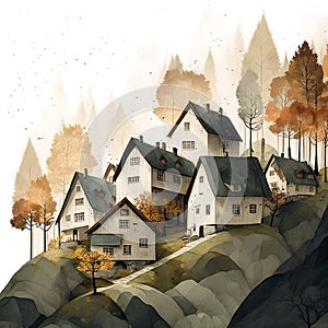 Mountain village in the autumn forest. Watercolor illustration. Digital painting