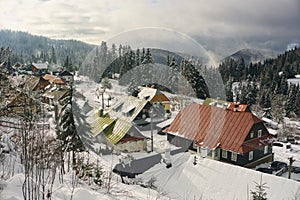 Mountain village Bully during winter near Donovaly