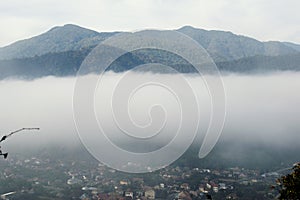 Mountain Village Fog Panorama, Foggy Village View, Mountain