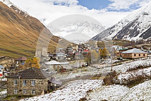 Mountain village in Georgia, known as Ushguli with the tallest mountain of Georgia, Mt Shakhara.