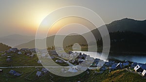 Mountain Village and a Lake in the Balkans at Sunrise. Vranica Mountain, Bosnia