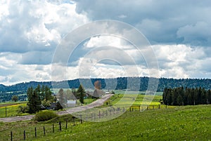 Mountain village. Mountain road. Mountain meadow. Rural landscape. Carpathians, Ukraine.