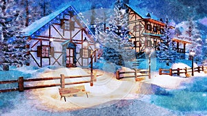 Mountain village at snowy winter night watercolor