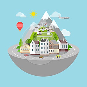 Mountain village town road travel flat isometric vector 3d