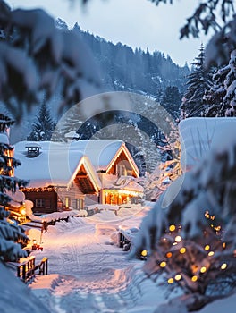 A mountain village twinkles under the evening's holiday lights, its snowy peaks creating a magical backdrop for the