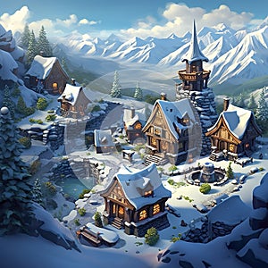 Mountain Villages high altitude alpine villages charming cottages snowcapped peaks AI Isometric