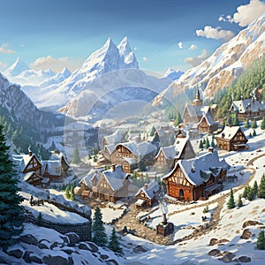 Mountain Villages high altitude alpine villages charming cottages snowcapped peaks AI Isometric