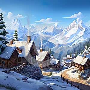 Mountain Villages high altitude alpine villages charming cottages snowcapped peaks AI Isometric