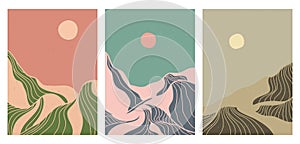 Mountain in vintage style. Mid century modern minimalist art print on set. Abstract contemporary aesthetic backgrounds landscapes