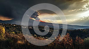 A mountain with a volcano on top and a fire in the distance