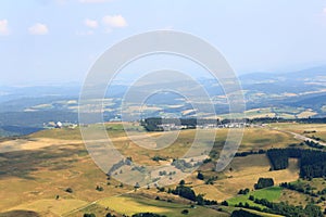 Mountain Wasserkuppe panorama with radar station radar dome and airfield in RhÃ¶n Mountains, Germany