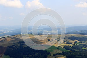 Mountain Wasserkuppe panorama with radar station radar dome and airfield in RhÃ¶n Mountains, Germany