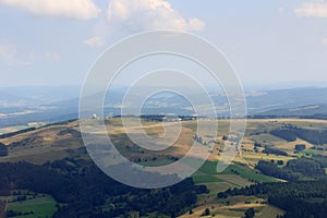 Mountain Wasserkuppe panorama with radar station (radar dome) and airfield in RhÃ¶n Mountains, Germany