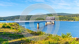 Mountain water reservoir Josefuv Dul, aka Josefodolska Dam, Jizera Mountains, Czech Republic. Sunny summer day