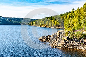 Mountain water reservoir Josefuv Dul, aka Josefodolska Dam, Jizera Mountains, Czech Republic. Sunny summer day