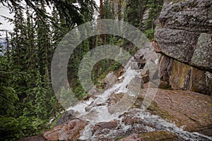 A mountain waterfall of coniferous forest and the slopes of the Rocky Mountains. Tourism concept, eco recreation, Alberta, Canada