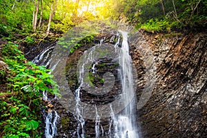 Mountain waterfall Guk in the wood. Ukrainian Carpathians.