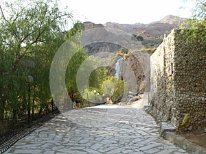 Mountain with waterfall in Hammamat Ma`In Hot Springs, Jordan