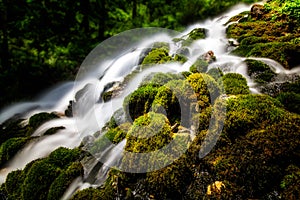 Mountain waterfall with pure water and green vegetation