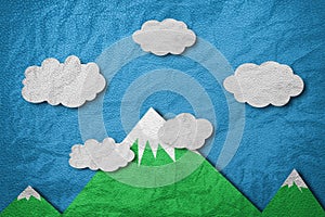 Mountain with white cloud and blue sky, leather paper cut style