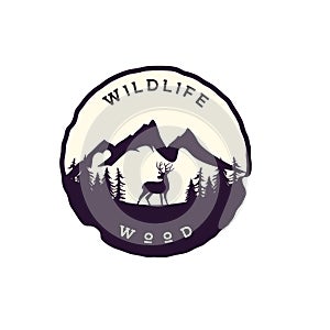 Mountain, wildlife, wood with deer silhouette. Adventure / backpacker logo templates