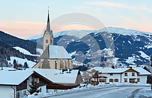 Mountain winter Kartitsch village and sunrise (Austria).