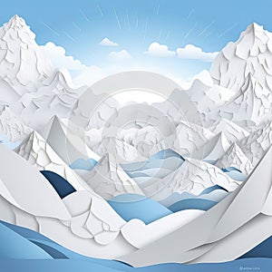 Mountain Winter Landscape with blue sky, Origami 3d, Creative holidays, christmas, winter, Paper cut style. illustration. paper