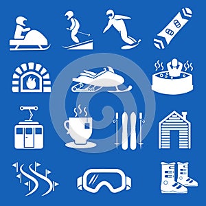 Mountain winter resort and sport hotel icons. Ski snowboard holiday signs