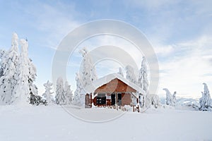 Mountain winter snow landscape. Wooden house and fir trees under the snow.