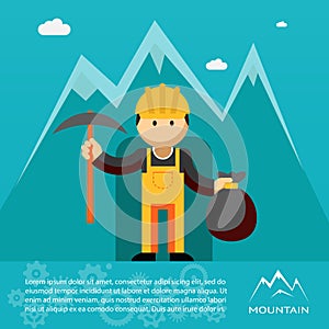 Mountain worker with pick and sack of gold