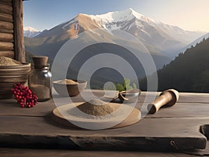 Mountain Zen. Wooden Table Setting with Ashwagandha and Cabin View.