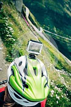 Mountainbiker With Actioncam On Helmet