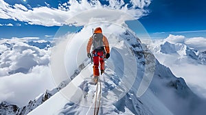 Mountaineer Ascending Snow-Covered Peak Amidst Clouds