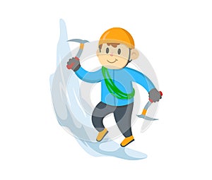 Mountaineer climbing up the ice rock, cartoon character. Flat vector illustration, isolated on white background.