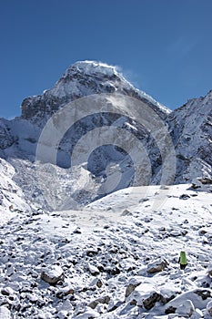 Mountaineer going toward Kanchung mountain covered with snow, Himalayas, Nepal