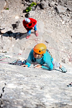 Mountaineer in helmet.