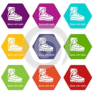 Mountaineer shoes icons set 9 vector
