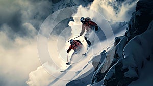 Mountaineer on the slope of a mountain in the clouds, Extreme skiing and jumping on the snow, no visible faces, AI Generated