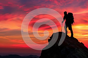 The mountaineer is on the summit contemplating the landscape.