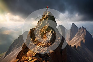 Mountaineer on top of a mountain at sunset.active life concept generative AI