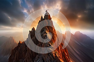 Mountaineer on top of a mountain at sunset.active life concept generative AI