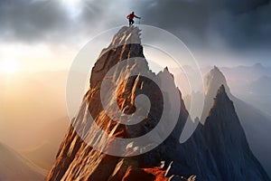 Mountaineer on top of a mountain at sunset.active life concept generative AI