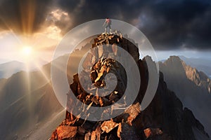 Mountaineer on top of a mountain at sunset.active life concept generative AI