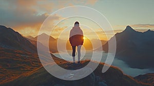 Mountaineer watching sunrise above clouds photo