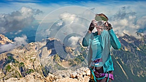 Mountaineer Woman Enjoying Height Panorama