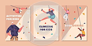 Mountaineering Activities For Kids Vertical Banners. Children Characters Scale A Climbing Wall With Help Of Trainer